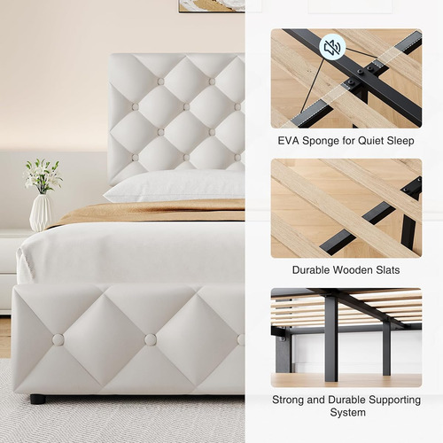 Base De Cama Matrimonial Idealhouse Tapizada En Lino Blanco
