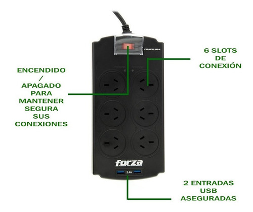 Zapatilla Enchufe Protector Tensión Forza 6 Tomas + USB Color Negro