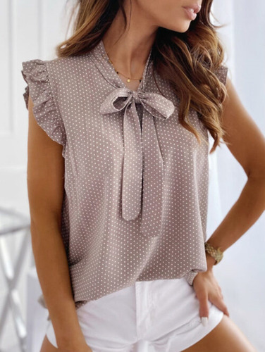 Camisa Sin Mangas Con Cuello De Lazo Y Lunares Más Vendida D