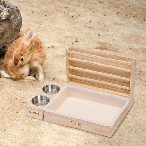 Alimentador De Heno De Conejos Con 2 Tazones Y Caja De Arena