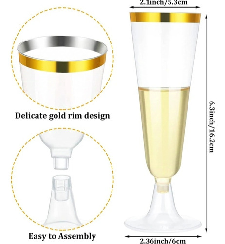 6 Copas De Plástico Reutilizables Para Champagne Filo Dorado