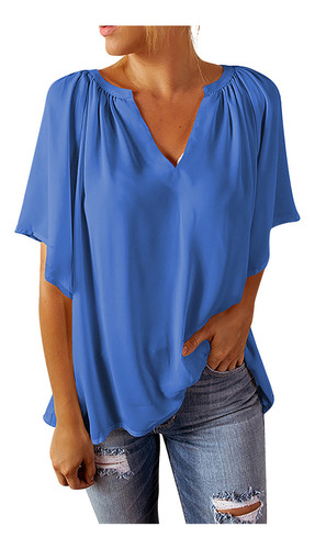 Blusa Tipo Playera De Manga Corta Con Cuello En V De Verano