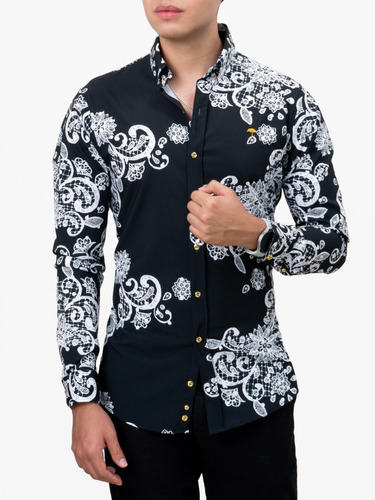 Camisa Hombre Casual Negra Floreada Blanco Alexis Roman