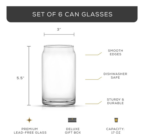 JoyJolt Juego de vasos de vidrio para beber de 6 a 16 onzas. Vasos de vidrio con forma de lata de soda transparente, lindos vasos de taza de café helado, cristalería para bebidas frías, agua única