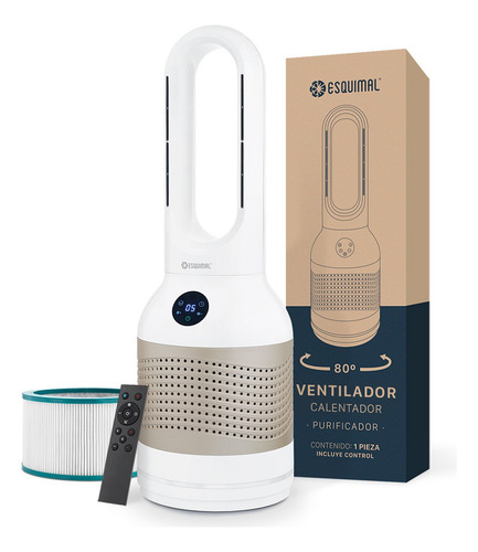 Ventilador Purificador Calentador 3 En 1 Esquimal, 8 Velocidades, 3 Niveles De Calefacción, Temporizador, (Chico, Dorado - Blanco)