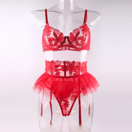 Conjunto De Sujetador De Encaje Con Minifalda, Lencería Sexy