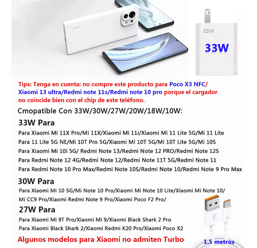 Cargador de 33 W para Xiaomi Redmi De 33 W 20 W 18 W Turbo Tipo C Cargador Cable 15 m 2 piezas