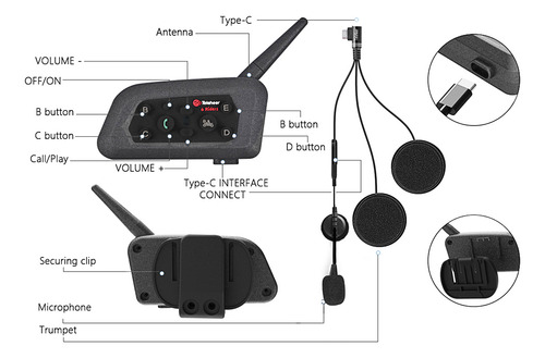 Par De Intercomunicador V6 Plus Para Casco Moto Ble 5.1 Negr
