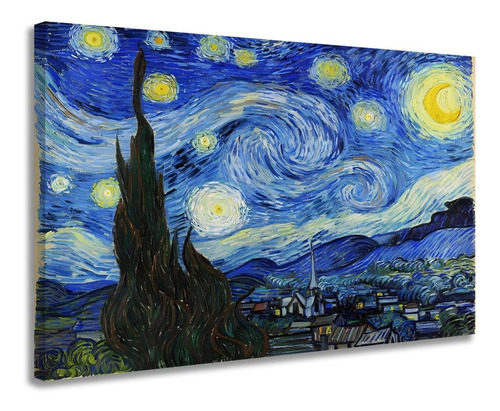 Quadro Decorativo Tela Sala Quarto Van Gogh Noite Estrelada Cor Preto Cor da armação Borda Infinita