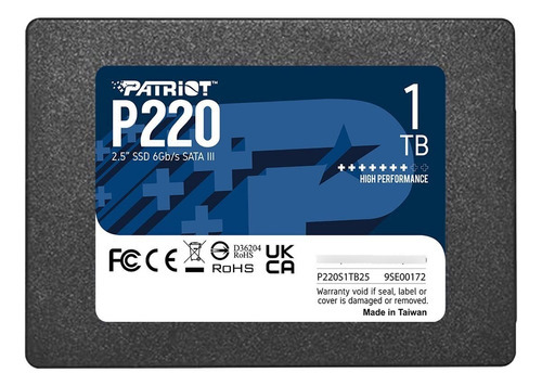 SSD Patriot P220 Sata Iii de 1 TB, lectura de hasta 550 MB/s, escritura de hasta 500 MB/s, color negro