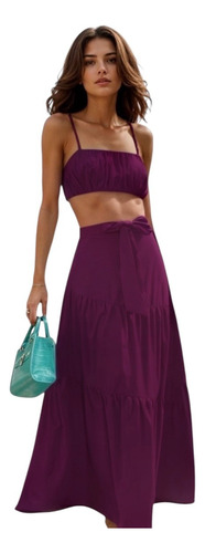 Crop Top De Tiras Con Falda Larga Para Mujer - Dos Piezas