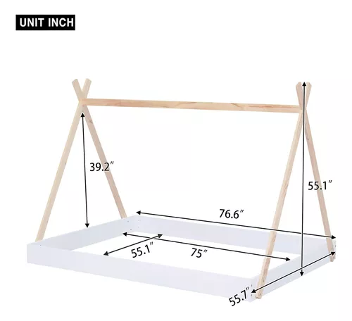 Cama de casa tamaño individual para niños, cama de casa para niños pequeños  con estructura triangular, base de cama de madera para suelo, mueble de