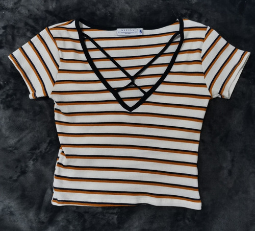 Blusa De Rayas Blanco Con Amarillo Y Escote En V