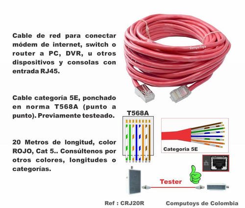 Imagen 4 de 6 de Cable De Red Rj-45 Cat 5 20 M Ref: Crj20r Computoys Sas