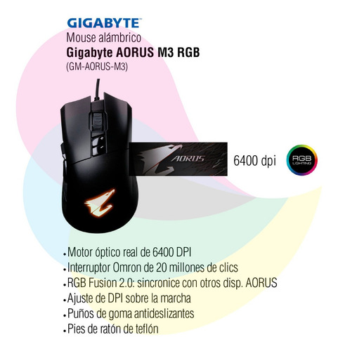 Imagen 2 de 7 de Mouse Gamer Gigabyte Aorus M3 Rgb Negro 6400dpi Cuo
