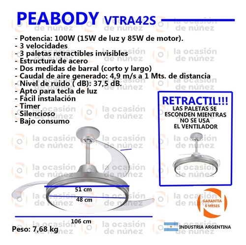 Ventilador De Techo Peabody Retractil Luz Control Remoto