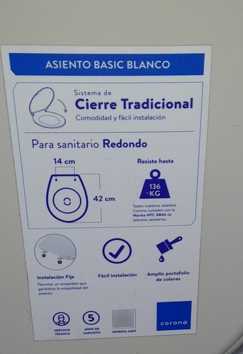 Imagen 3 de 5 de Asiento Sanitario O Poceta Basico Corona Redondo