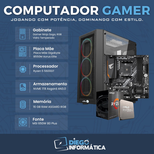 Pc Computador Gamer Ryzen 5 5600gt, 16gb Ddr4 Nvme 1tb