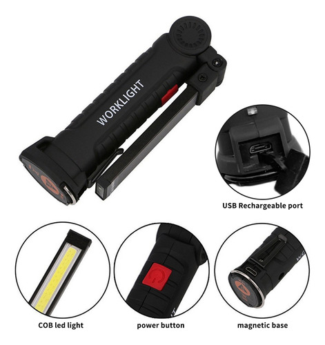 Leds: Luz De Trabalho (cob), Usb, Recarregável, Giratória, D