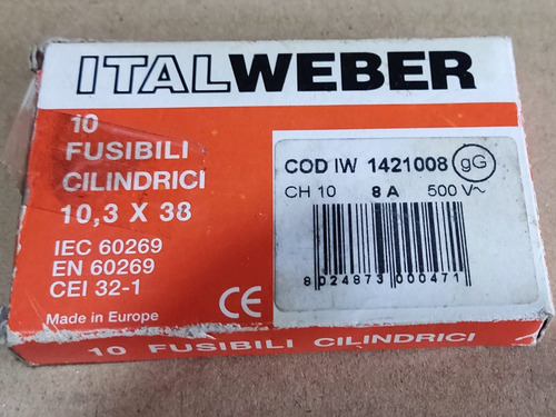 Fusible Cerámico Cilíndrico 10,3x38mm 8a 500v Clase Gg 120ka