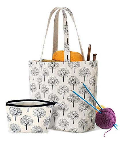 Knitting Bag With Small Zipper Pouch, Yarn Tote For Kni...