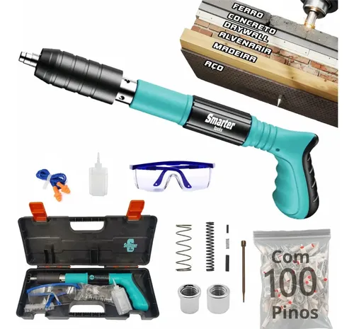 Pistola Fixação Finca Pino Ação Direta 100 Pregos Epi Maleta Pinador Pregador Grampeador Rebitador De Prego Pressão Manual Ferramenta Para Drywal Gesso Concreto Aço Parede Smarter