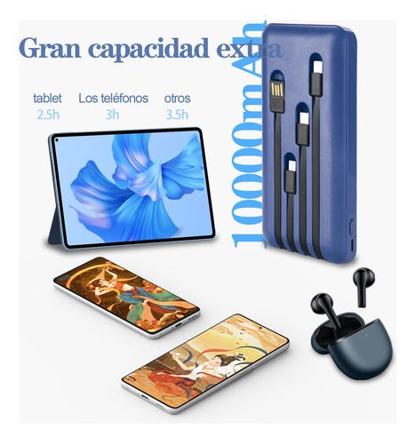 nebro Power Bank Batería Portátil 10000mah Con Built In 4 Cables, Ip/Tipo C/Micro Usb/V8 Con Pantalla Digital Cargador De Batería Compatible con iPhone 16 15 14 13 12,Xiaomi,Huawei&Samsung S22 S21