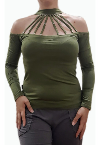 Camiseta Mujer Sexy Remera Manga Larga Escote Tiras Tachas
