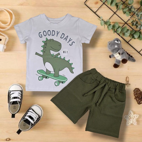 Conjunto De Niño Playera Dinosaurio Short Verde Militar Blanco - Verde Militar 3 Años