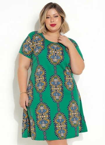 Vestido Evasê Feminino Manga Curta Acinturado  Plus Size