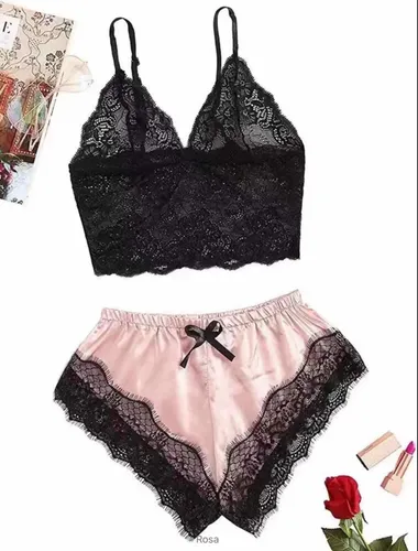 Conjunto Pijama De Encaje Y Seda Estilo Lencería