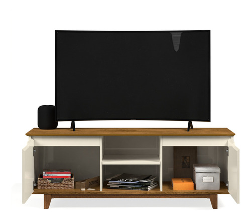 Rack Bancada Flow 2 Portas Estante Home Para Sala Televisão Cor Off White/freijó