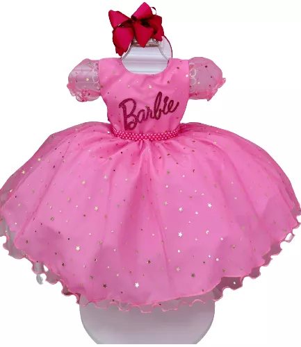 Vestido Infantil Barbie Rosa Chiclete Glitter e Estrelas - Fabuloso Ateliê