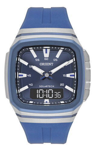 Relógio Orient Solartech Masculino Gbspa004 Correia Azul Bisel Azul Fundo Prateado