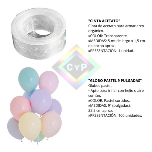 Imagen 4 de 10 de Cinta De Acetato Arco Organico Decoracion 5mt + 100 Globos
