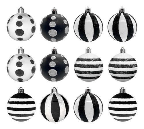 12 Bolas Globos Blancas Negras Navidad Decoración Arbolito