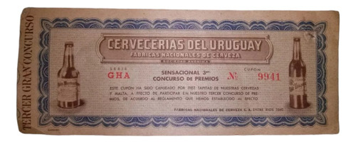 Cerveceria Del Uruguay,cupon Año 1955, Encuadrado