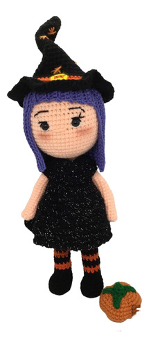 Bruja Tejida Muñeca Halloween Adorno Amigurumi Con Calabaza