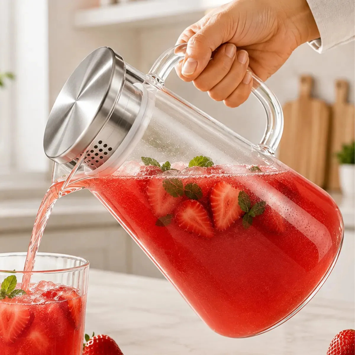 Jarra de Vidro Borossilicato com Tampa de Inox Pratitudo Essencial 1,7 Litros Lisa Transparente Resistente ao Calor e ao Frio Apta para Lava-Louças Micro-ondas e Freezer Água Suco 