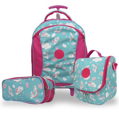 Kit Mochila Escolar Infantil Lancheira Estojo Chuva De Amor