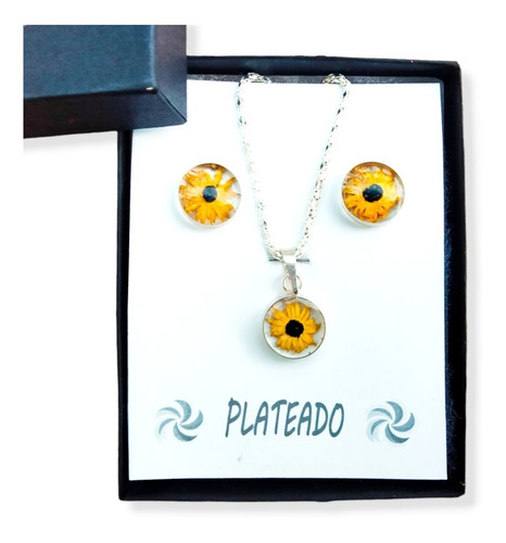 Collar De Girasol Circulo Plata Regalo Pareja Aretes Gratis!