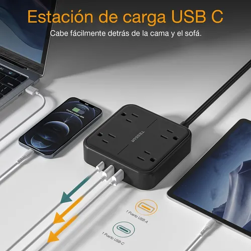 Regleta De Enchufe Plano Ultrafina, 4 Salidas, 3 Usb Tipo C