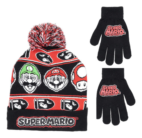 Nintendo Super Mario Boys Beanie Conjunto Gorro Y Guantes