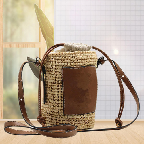2 Bolso De Paja De Barril Redondo Tejido A