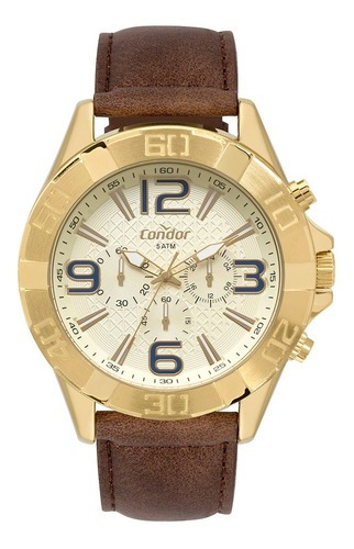 Relógio Condor Masculino Cronógrafo Covd54bb/2d Dourado Cor da correia Marrom Cor do fundo Branco