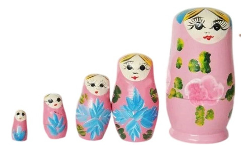 Boneca Madeira Matryoshka Russa Rosa 5 Peças 10,5cm