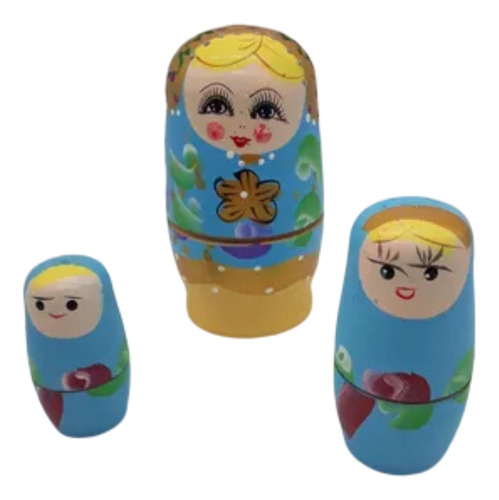 Boneca Madeira Matryoshka Russa 5pçs  Azul Artesanal 10,5cm