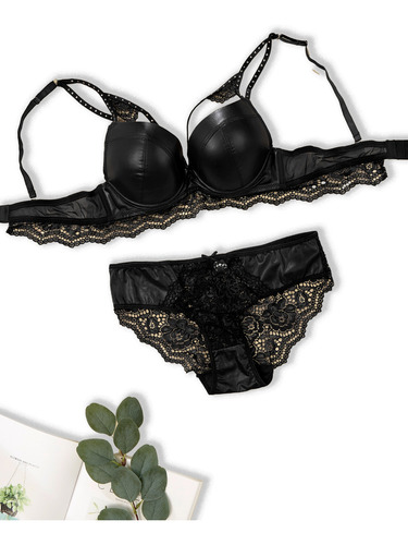 Sexy Cordinado Copa B Pushup Mujer Vinipiel Encaje Varilla Negro Vinipiel/encaje 32b