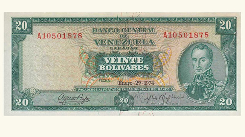 Venezuela, 20 Bolívares, Enero-29-1974, Serie A8, Au+