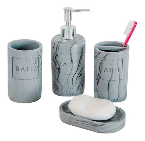 Set Baño 4 Piezas Bath Gris Símil Mármol Dispenser Jabonera